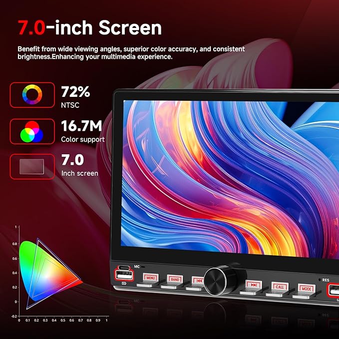 7 Inch Single Din Car Stereo with Mirror Link, Steering Wheel Control, Bluetooth, FM Radio, 7 Color Lights, EQ Adjustment, Online Video Support for Most Vehicles