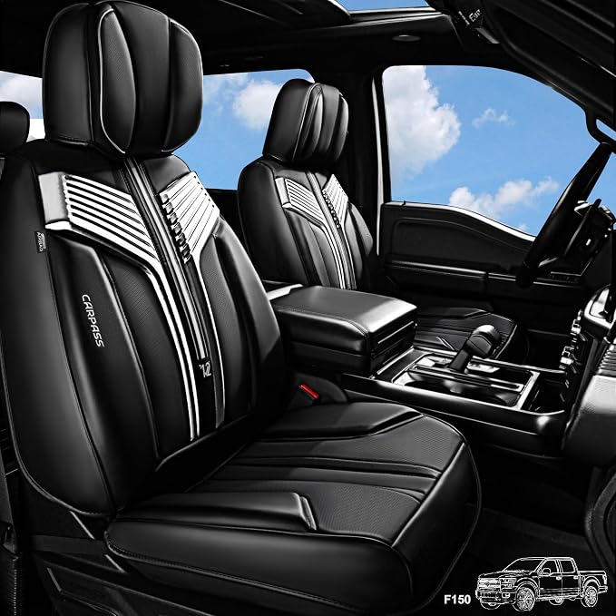 CAR PASS Nappa Leather Seat Covers, Breathable Waterproof Car Seat Covers Full Set, Luxury Leather Front and Back Seats Full Coverage, Universal Fit SUV Pick-up Truck Sedan Automotive(Black Sliver)