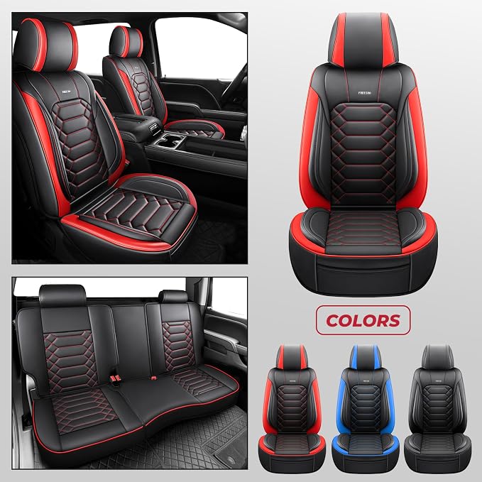 FREESOO for Silverado Seat Covers 2014-2018 Leather Full Set, Fit for Chevy Silverado GMC Sierra 1500 2500 3500 Crew Cab Waterproof Truck Seat Covers BlackRed
