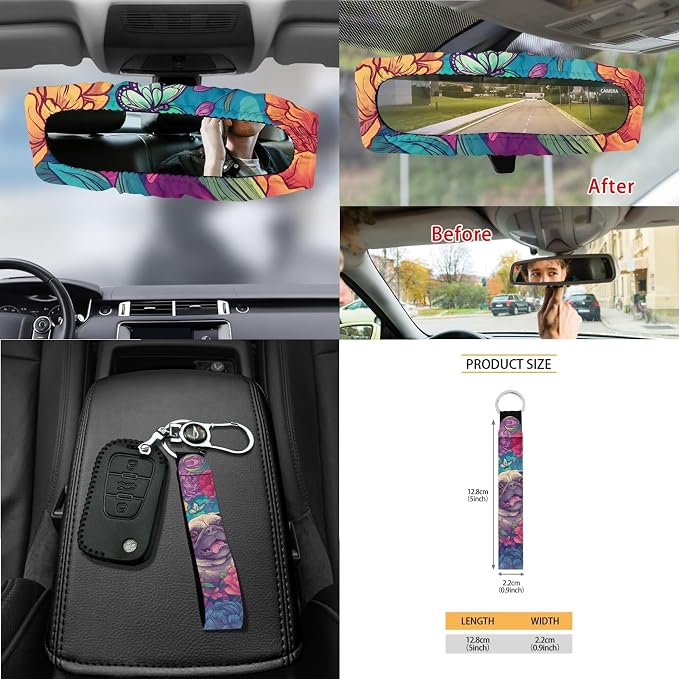 Pug Floral Print Car Accessories Full Set of 15 Car Seat Covers Steering Wheel Cover Air Vent Storage Holder Seatbelt Strap Pad Cup Coasters Rear View Mirror Cover Keychain