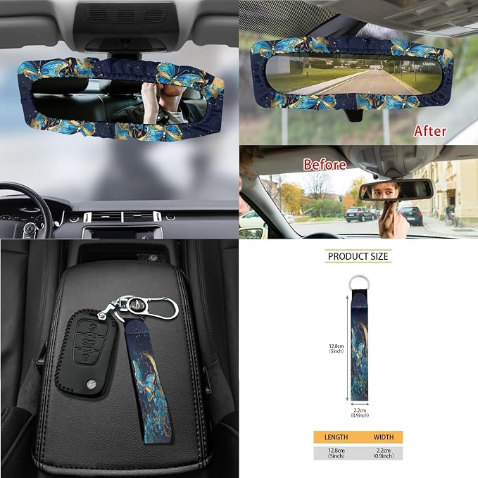 Moon Butterfly Floral Print Car Seat Cover Set Steering Wheel Cover Seatbelt Strap Pad Cup Coasters Air Vent Storage Holder Garbage Cans Rearview Mirror Covers Key Chain, 15 Pack