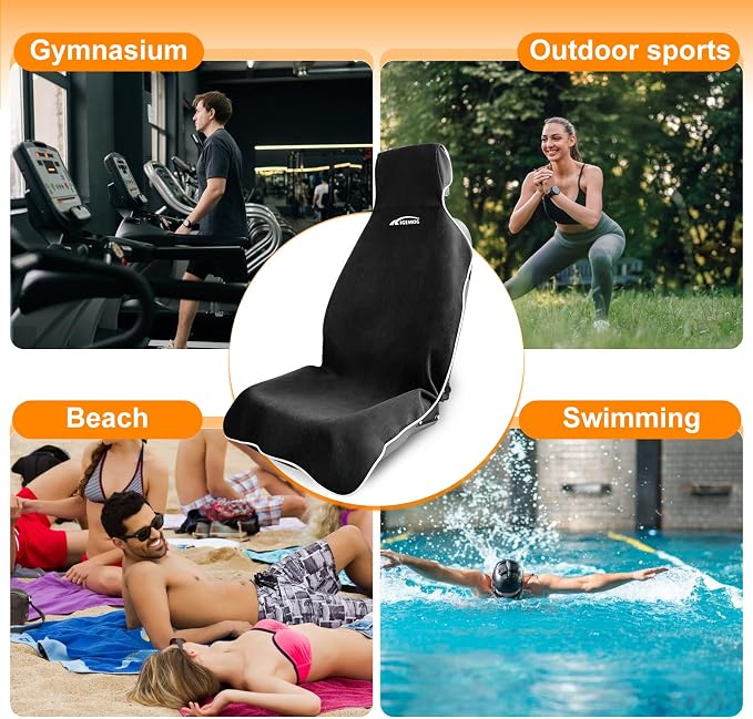 Car Seat Towel Cover, 3-Layer Waterproof Seat Protector with Soft Terry Cloth, Non-Slip Silicone Backing, Absorbent Sweat Cover for Gym, Beach, Pets, Cars & SUVs (Black, 1 Pack)
