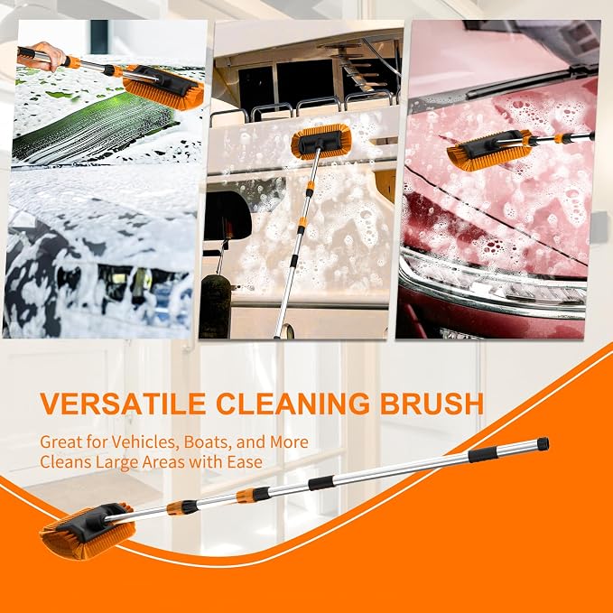 SISUPASSIE 12FT Car Wash Brush with Long Handle, 12-Inch Soft Bristle Car Cleaning Brush for Cleaning RV, Truck, Boat, Solar Panels, Orange