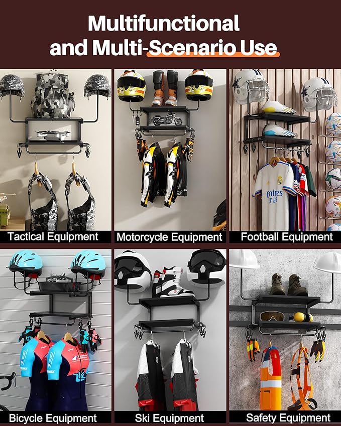 Motorcycle Helmet Holder Wall Mount, 2-Tier Helmet Rack with 2 Hat Stands, Motorcycle Accessories Gear Storage Organizer Display for Men Jackets, Caps in Garage, Living Room (Black)