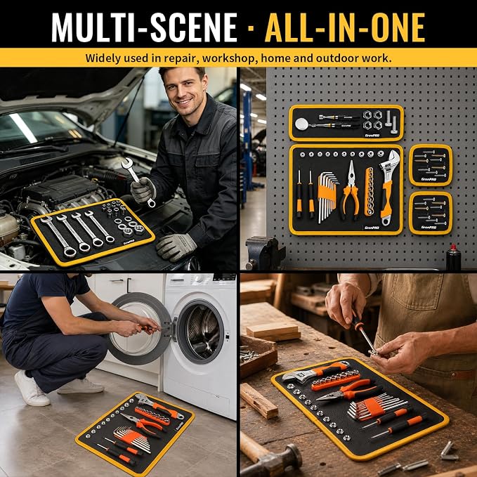 GRENPRO Magnetic Tool Mat & Tray Holder, PVC Non-Slip Organizer for Auto Repair, 6 Pack: 3 Mats + Pickup + Inspection Mirror