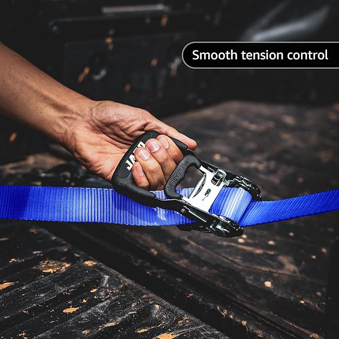 JACO Heavy Duty Ratchet Straps - 1.6 inch x 8 ft (Pack of 4) | Tie Down Kit with Soft Loops - 5,208 lbs (Blue)