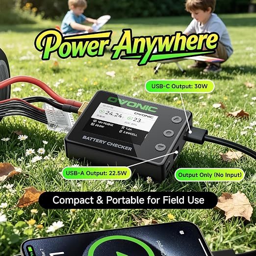 OVONIC C30 Battery Checker with Servo Tester, 1-8S LiPo LiHV Life Li-Ion Battery Voltage Tester, PWM/PPM Signal Test, USB-C 30W & USB-A 22.5W Power Output, Cell Balancer