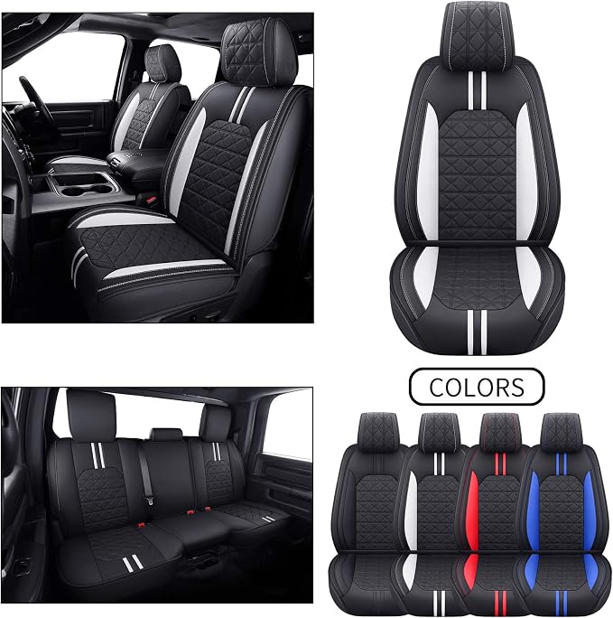 YIERTAI Dodge RAM Seat Covers for 2009-2025 2026 1500HD 2010-2025 2026 2500/3500HD Crew Double Cab Quad Cab Laramie Tradesman Truck Waterproof Faux Leather(5 PCS Full Set/Black-White)