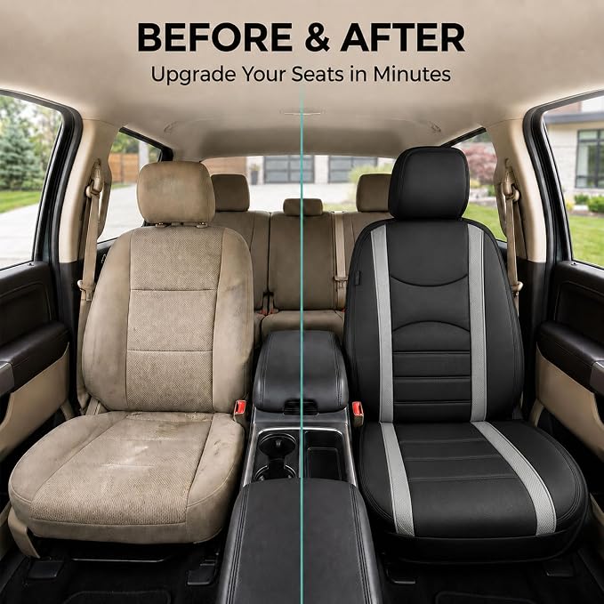 FH Group Car Seat Covers Front Set Gray Black Faux Leather Car Seat Cushions - Car Seat Covers for Low Back Seat, Universal Fit, Automotive Seat Covers, Airbag Compatible for SUV, Sedan