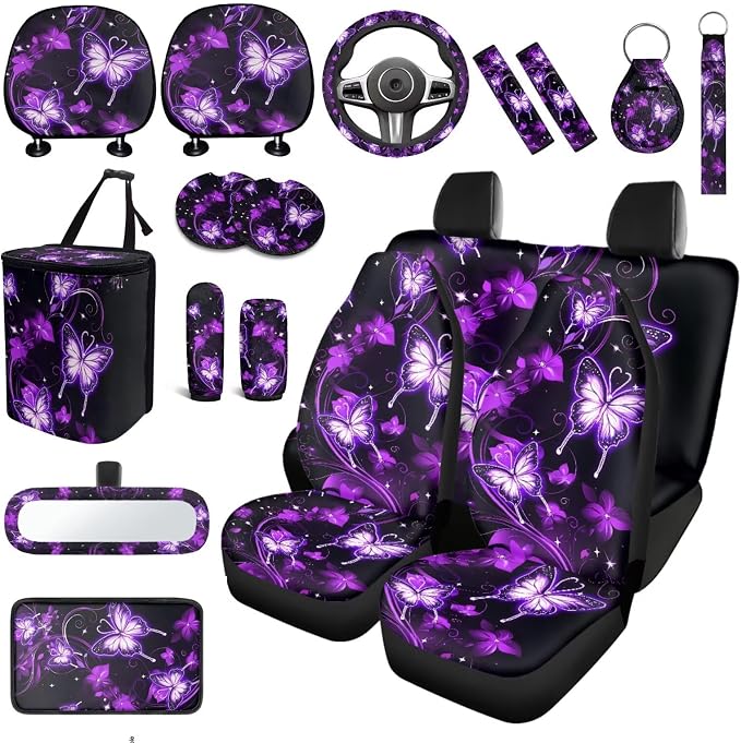 Purple Butterfly Car Seat Covers Full Sets of 18 Pieces Butterfly Car Interior Accessories Set with Soft Car Seat Belt Pads Cover Car Headrest Covers Steering Wheel Wrap,Universal Fit