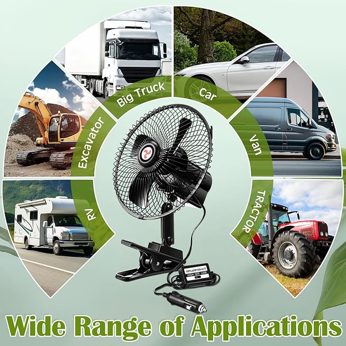Tujoe 2 Pcs Portable Car Fan with Car Cigarette Lighter Electric Cooling 12 Volt Oscillating Fan 12 Volt Fan Automobile Vehicle 360 Degree Swivel Fan with Clip for Car Truck Supplies, Black (8 Inch)