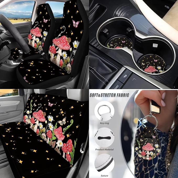 Butterfly Car Seat Covers Full Set of 17 Pcs Mushroom Car Accessories with Steering Wheel Auto Covers,Steering Wheel Car Covers,Seat Belt Pads,Armrest Pad,Butterfly Car Floor Mats Set of 4