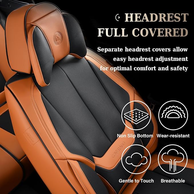 Coverado Universal Seat Covers Full Set, Universal Seat Covers for Cars, 5 Seats Waterproof Nappa Leather Car Seat Covers with Head Pillow, Auto Protectors Fit for Most SUV Pick-up Truck-Black&Brown