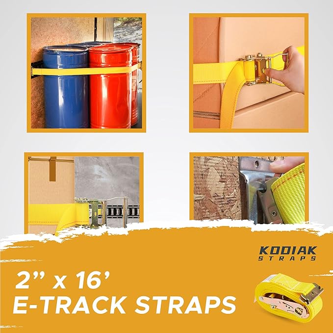 6 Pack E-Track Ratchet Straps 2" x 16' x 4,400 lbs Strength for Cargo Tie Down in Enclosed Trailer & Van by KODIAK STRAPS