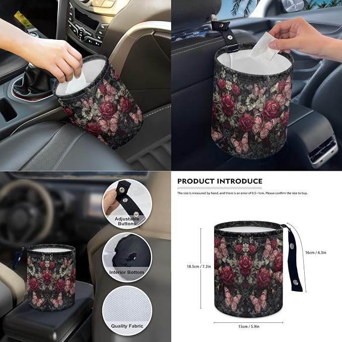 Rose Butterfly Print Car Seat Covers Front and Back Full Set with Steering Wheel Cover Armrest Cushion Safety Belt Pads Inside Rearview Mirror Cover Trash Bin, Universal Fits