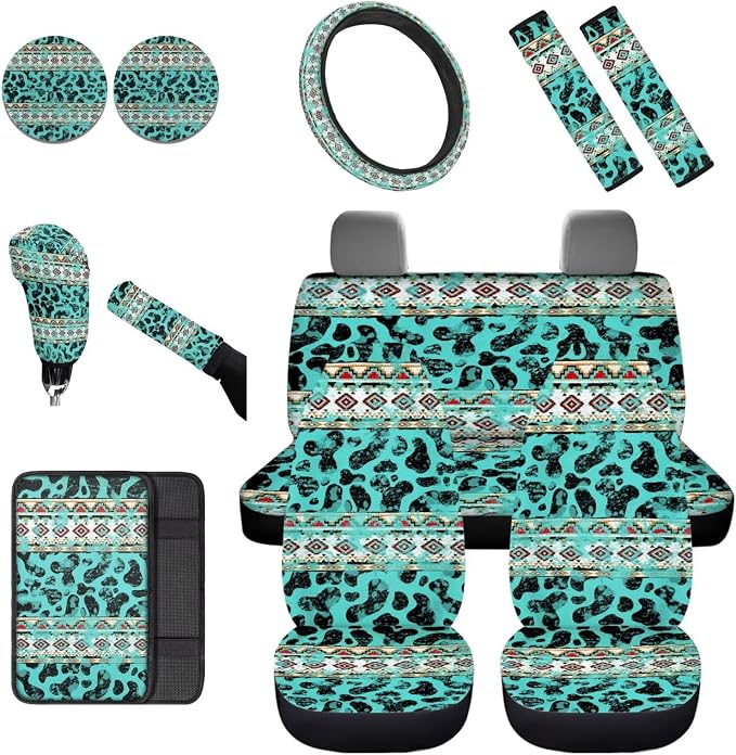 Dreaweet Turquoise Aztec Cow Print Car Seat Covers Full Set with Steering Wheel Cover/Seat Belt Pad/Armrest Covers/Cup Coasters/Handbrake Cover/Gear Shift Knob Handbrake Cover,12 Pcs Set,Universal