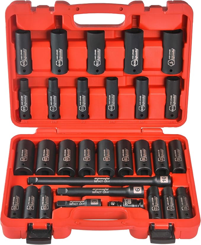 EPAuto 1/2-Inch Drive SAE (3/8-1 inch) | Metric (10-24 mm) Deep Impact Socket Set | Extension Bar | Universal Joint, Cr-V, 6 Points, 30 Pieces