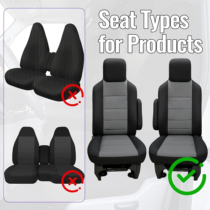 Heavy Duty Composite Fabric Protection Front Seat Covers for Ford E-150/E-250/E-350 Van 2009-2014 E-Series Cutaway/Stripped Chassis 2015-2026 High Back Bucket Seats Molded Headrest - Gray