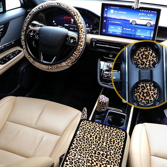 Tallew 10 Pieces Leopard Print Car Accessories Set Diamond Cheetah Leopard Steering Wheel Cover Seat Belt Licence Frame Armrest Pad Cover Cup Holder Keyring Bracelet for SUV Car Truck