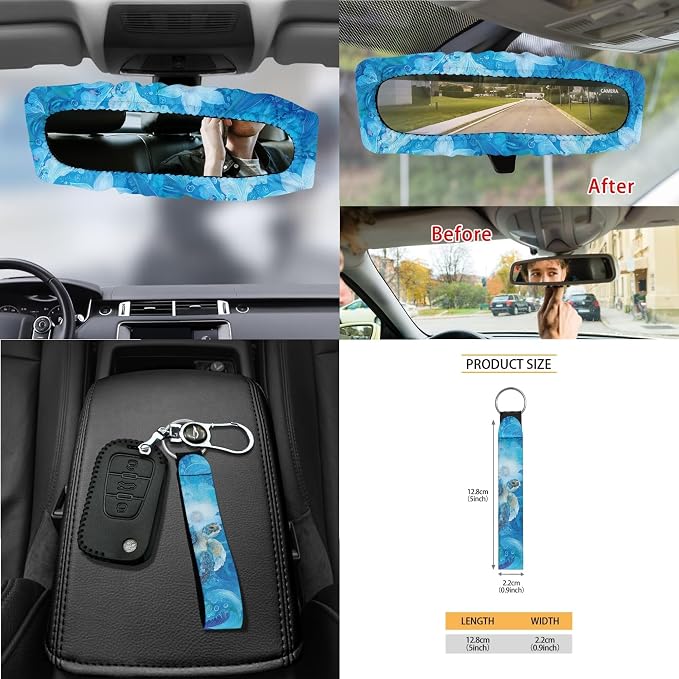 Turtle Floral Wave Print Universal Fit Car Seat Cover Set Steering Wheel Covers Seatbelt Strap Cover Garbage Cans Air Vent Storage Holder Rearview Mirror Covers Coasters Keychain 15 PCS
