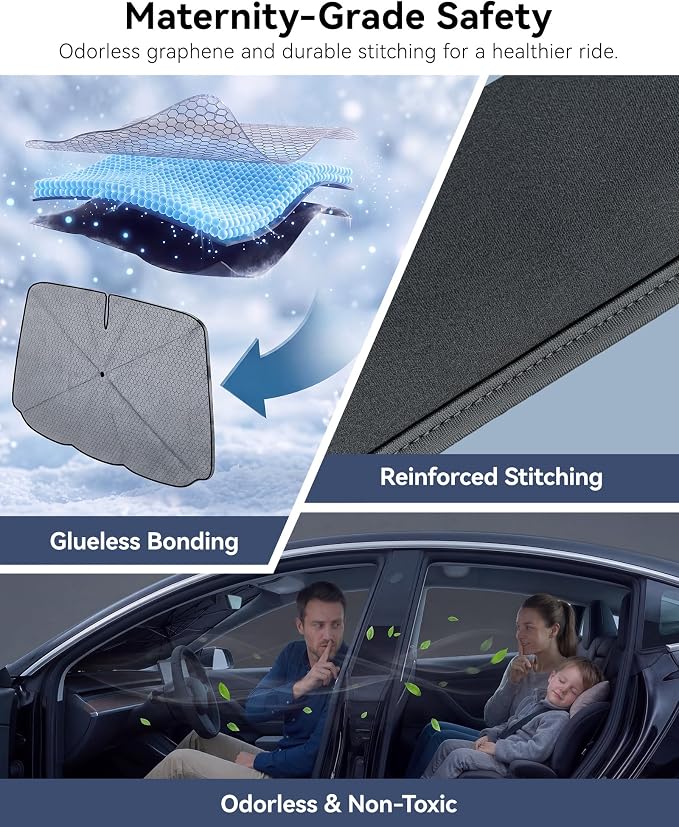 3W Windshield Sun Shade Umbrella, Small 53.1" x 29.5" – Graphene Coating Heat Shield, Spring Structure Edge – Protect Car Interior from Sun Rays & Heat Damage, Keep Cool
