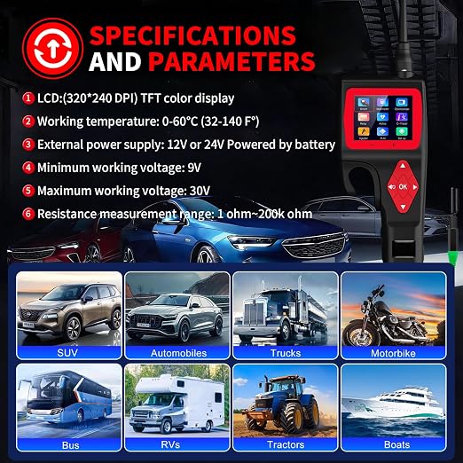 Intelligent Automotive Electrical Circuit Tester 9V-30V with 2.4 Inch LCD Screen, Multi-Function Car Electrical System Tester for Voltage Resistance Relay Injector Test