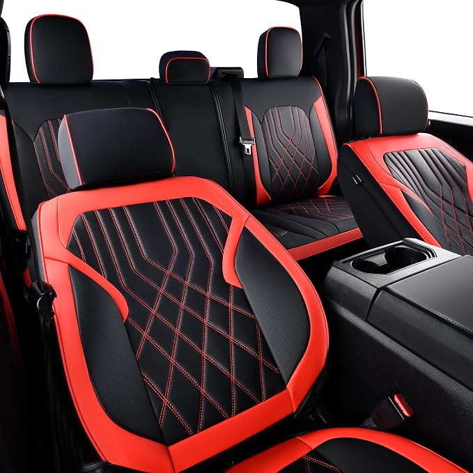 Ranger Seat Covers, for 2019-2023 Ford Ranger XLT XL Lariat Crew Cab, Napa Leather Seat Protector (Full Set, Black&Red)
