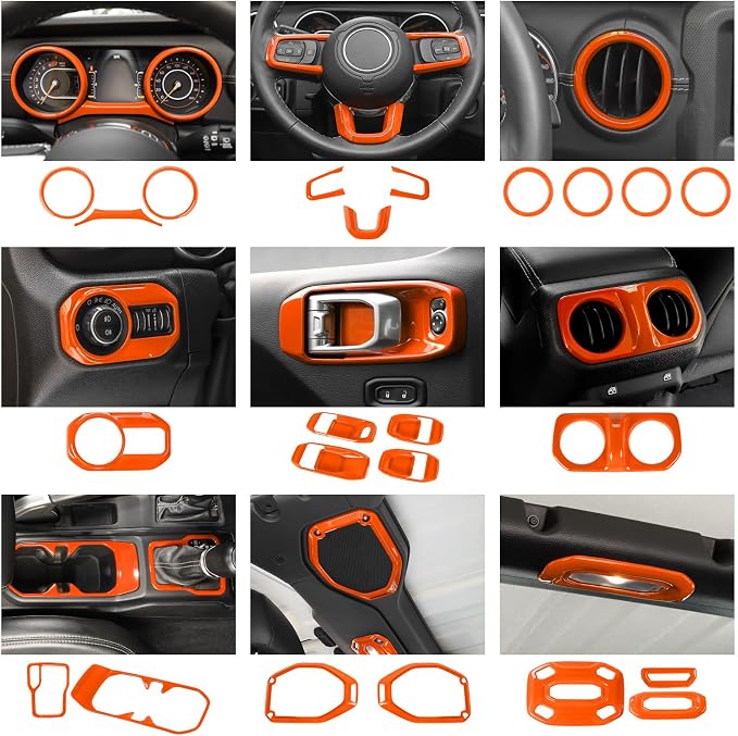 23pcs Full Set Interior Trim Kit for Jeep Wrangler JL JLU Gladiator JT 2018-2023 Steering Wheel Door Handle Air Conditioning Vent Cup Holder Reading Light Headlight Gear Cover, Orange