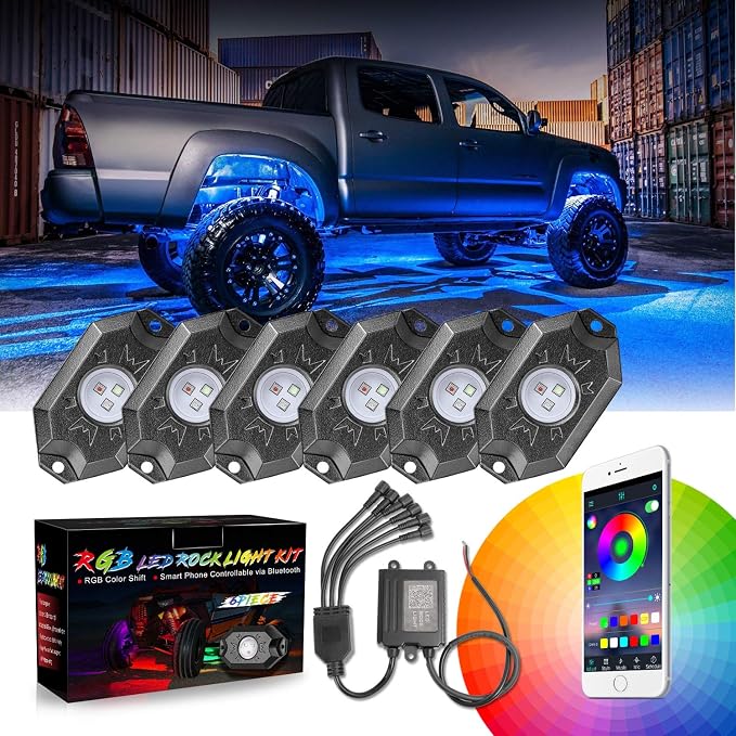 RGB Rock Light Kits, Niking Auto 6 Pods RGB LED Rock Lights Pods with Bluetooth Controller Timing Music Modes Multicolor Neon LED Lights Underglow Trail Rig Lights for Off Road UTV Trucks SUV ATV Boat
