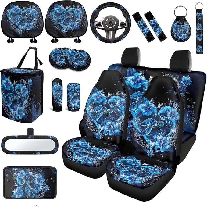 Ocean Turtle Car Seat Covers Full Set of 18 Universal Car Interior Accessories Full Set Blue Sea Turtle Car Headrest Covers Seat Auto Seat Belt Pads Cover Car Trash Can,Easy to Install