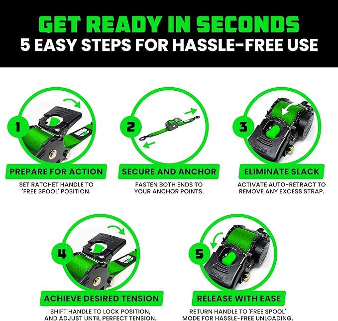 Rhino USA Retractable Ratchet Straps (4-Pack) - 1 Inch x 10 Feet (1,209lb Break Strength) - Auto Self Retracting Tie Down Straps for Truck, Cargo Trailer, Motorcycle, ATV, UTV - Green