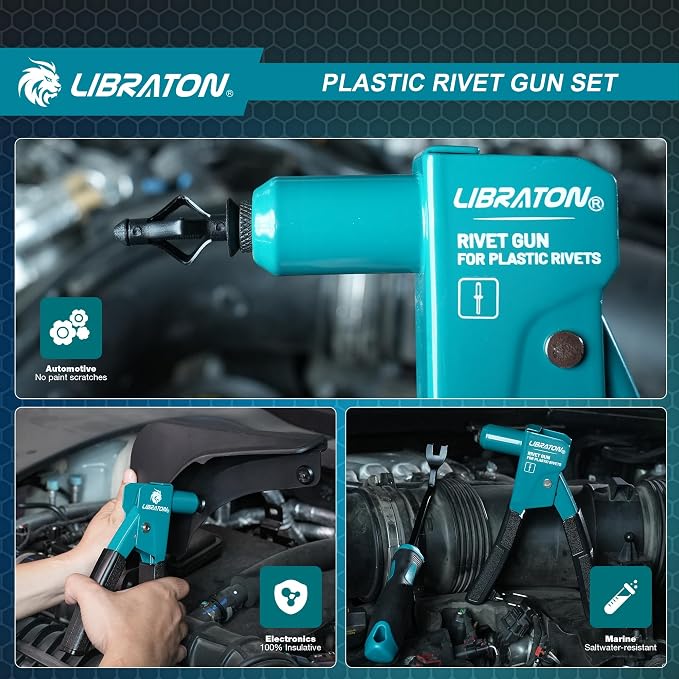 LIBRATON Plastic Rivet Gun Kit with Fastener Remover, 90 Degree Angle Hand Riveter with 40Pcs Nylon Rivets (4 Sizes) & Pry Tool, Universal Nosepiece for Automotive, Ergonomic & 50% Lighter Force