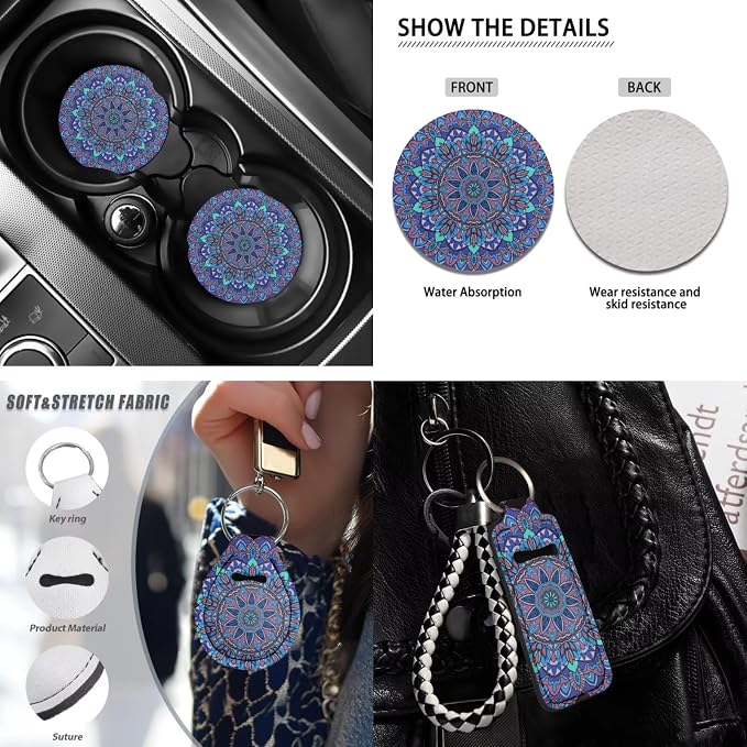 INSTANTARTS Boho Mandala Style Car Accessories Full Set of 13 Front Rear Seat Covers with Keychain Lipstick Holder Coasters Steering Wheel Cover Seat Belt Cover