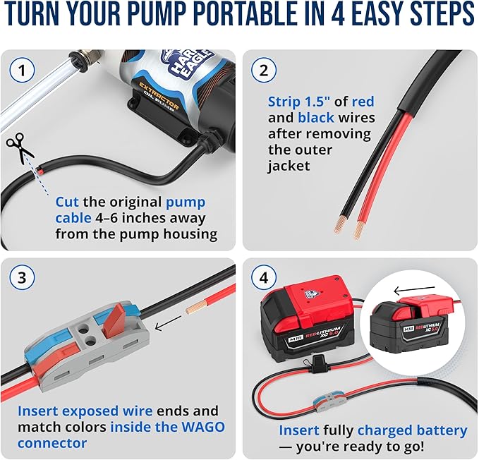 Harpy Eagle Battery Adapter for Red M18 18V Batteries – Compatible Oil Extractor Pump – Includes 30A Fuse, WAGO Connectors & 12AWG Wires – Battery & Pump Not Included