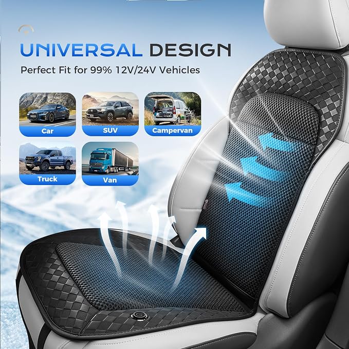 Coverado Upgraded Cooling Car Seat Cover,12V-24V Ventilated pad Built with 8 Turbo Fans, 3-Speed Dual Blowing & Suction for Effective Cooling Universal Black Cushion, Great for Summer Driving