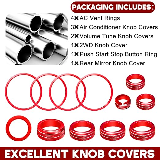 for Toyota Tacoma Accessories 2023 2022 2021 2020 with 8" or 7" Touchscreens Knob Covers - AC Vent Ring Button Knob Covers for Air Conditioner Volume Mirror Push Start Stop Button Trim 12Pcs (Red)