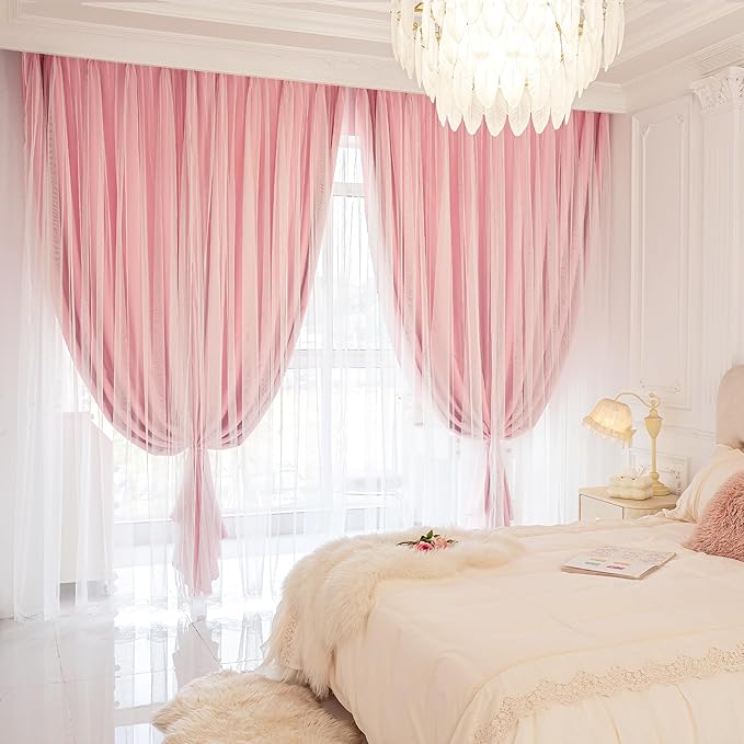 XiDi Pink Curtains Blackout 84 Inches Long for Girls Bedroom Living Room 2 Panels Grommet Thermal Insulated Double Layer Cute Girly Nursery Curtains with Sheer Overlay for Kids Princess W52XL84