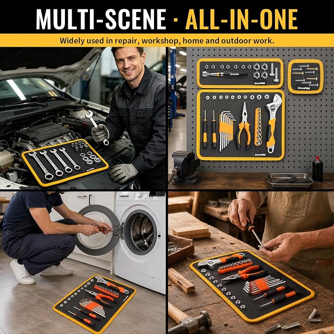 GRENPRO Magnetic Tool Mat & Tray Holder, PVC Non-Slip Organizer for Auto Repair, 4 Pack: 3 Sizes Mats, Telescoping Pickup Tool