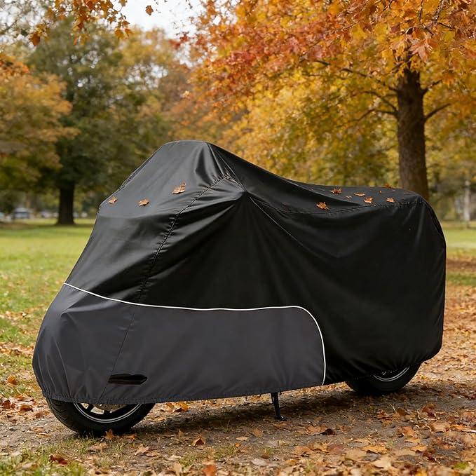 Motorcycle Cover 86 Inch with Relfection Strip, Compatible with Harley Davidson,Yamaha, Honda, Suzuki, Kawasaki All Weather Waterproof Outdoor and Dustproof Indoor, Black&Grey