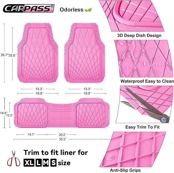 CAR PASS Piping Luxury Leather Two Front Car Seat Covers and 3 Piece Heavy Duty Deep Dish All Weather Rubber Car Floor Mats, Universal Fit for 95% Sedan SUV Van Truck, All Pink