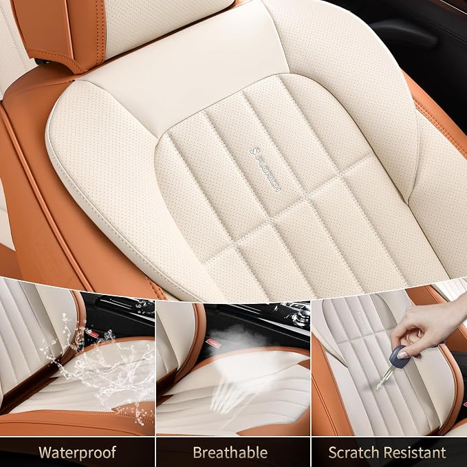 FLORICH Car Seat Covers Full Set, Leather Seat Covers for Cars, Waterproof Car Seat Protectors 5 Seats, Front and Rear Seat Covers for Cars, Automotive Seat Protector Fit for Most Car SUV - BrownBeige