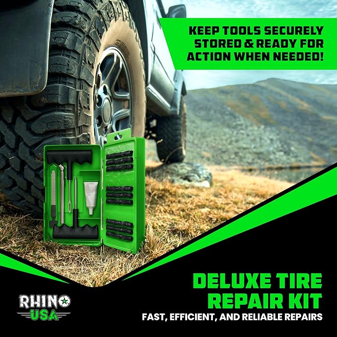 Rhino USA Compact Tire Repair Kit (14-Piece) – Heavy Duty Plug Set with Included Lubricant to Fix Punctures and Seal Flats – Tubeless Tool for Car, Motorcycle, ATV, UTV, RV & Trailer