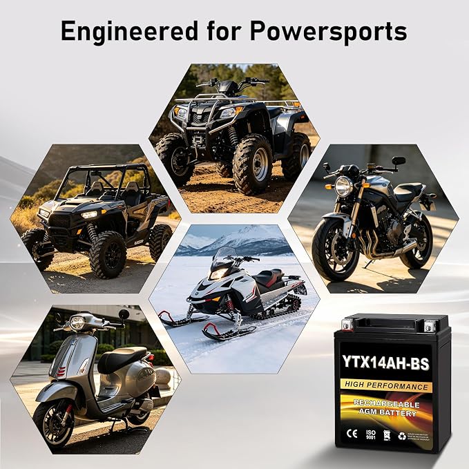 YTX14AH-BS 12V 12Ah AGM Sealed Motorcycle Battery, Maintenance-Free, Compatible with Polaris Sportsman 570, Trail Blazer 250, Ranger 400 500, Suzuki King Quad 300, QuadRunner 250
