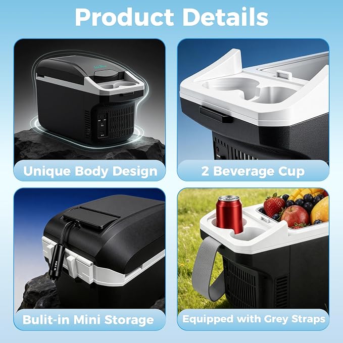 Iceblue Electric Cooler with Type-C, 8 Liter /11 Cans Mini Fridge with Belt, 9V Type-C Thermoelectric Dual-use Car Refrigerator, Car Fridge for Car, Dorm, Travel, Picnic, Gift (Black)
