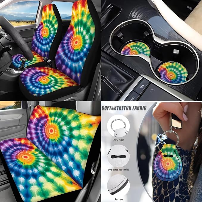 Tie Dye Car Cover Seats Full Set with Vehicle Front Rear Carpets Mats Seat Belt Cover Pad Steering Wheel Cover Lipstick Holder Keychain Rainbow Tie Dye Car Accessories Set 17Pcs for Women Man