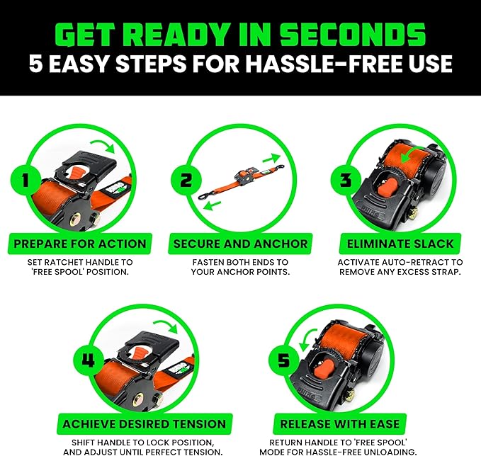 Rhino USA Retractable Ratchet Straps (2-Pack) - 1 Inch x 10 Feet (1,209lb Break Strength) - Auto Self Retracting Tie Down Straps for Truck, Cargo Trailer, Motorcycle, ATV, UTV - Orange
