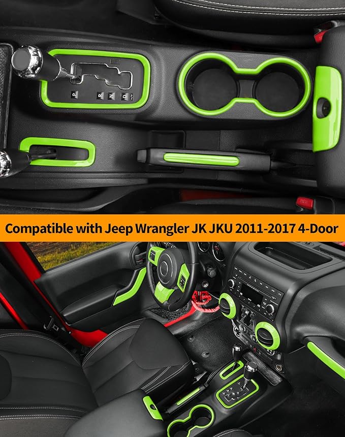 Hoolcar Steering Wheel Cover Gear Shift Panel Trim Cover Water Cup Holder Cover Kit Interior Accessories Kit Fit for Jeep Wrangler JK JKU 2011-2018, 4-Door, Light Green