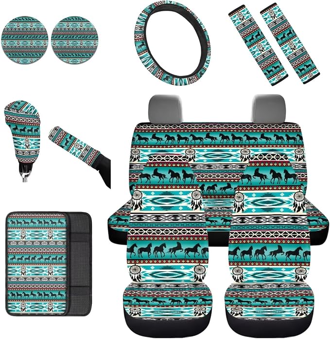 Dreaweet Aztec Car Seat Covers Full Set Native American Dreamcatcher and Horse Seat Covers with Steering Wheel Cover,Armrest Pads,Seat Belt Pads,Coasters,Gear Shift & Handbrake Cover,Universal Fit