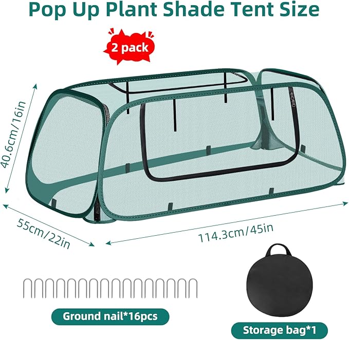 Pop-Up Mesh Garden Cover for Raised Beds – 2-Pack Outdoor Plant Cage with 30% Sun Shade & Insect Protection, Zip Window, Foldable Crop Tent for Seedlings, Wildlife, Includes 8 Stakes