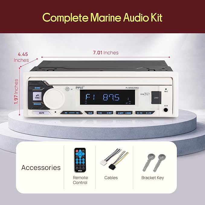 Pyle Marine Radio Single DIN Receiver – Bluetooth Wireless Streaming, AM/FM Tuner, USB/AUX MP3 Playback, Hands-Free Calling, Remote Control, RGB Buttons, Splash-Resistant Stereo Upgrade